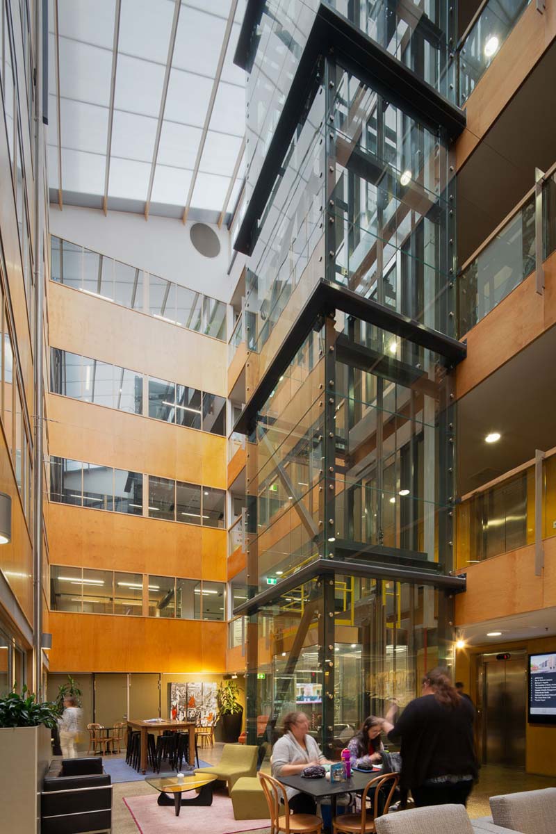 View of atrium space with new glass lift